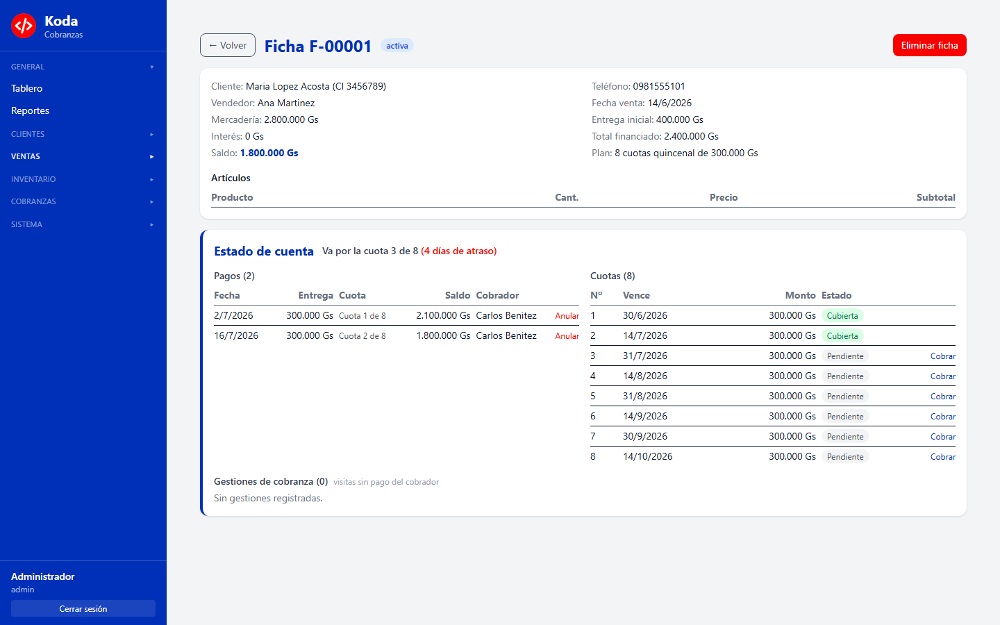 Estado de cuenta de ficha de credito